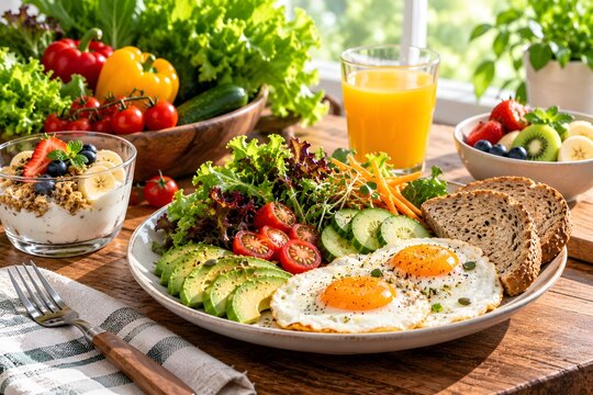 Healthy breakfast with eggs avocado salad bread and fresh fruit