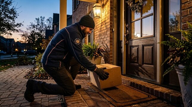 Delivery courier placing package at doorstep close-up