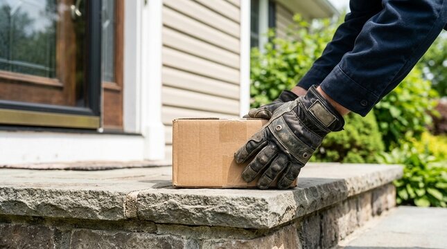 Delivery courier placing package at doorstep close-up