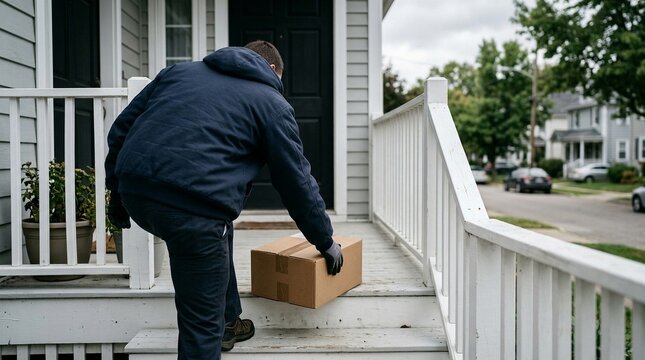 Delivery courier placing package at doorstep close-up