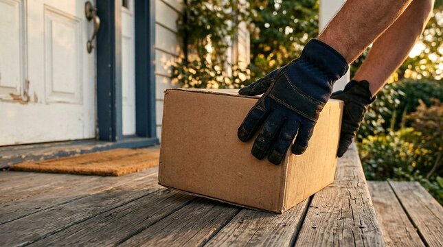 Delivery courier placing package at doorstep close-up