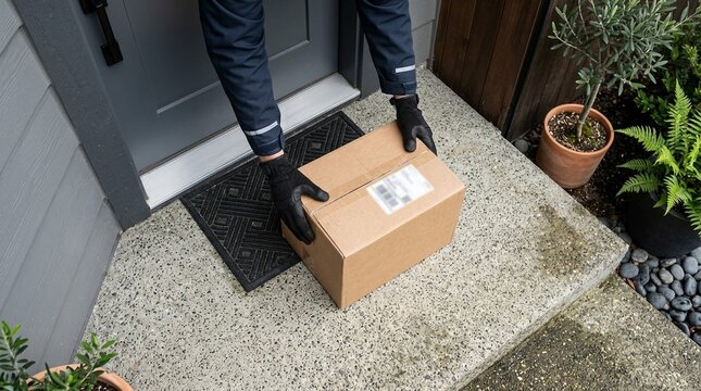 Delivery courier placing package at doorstep close-up