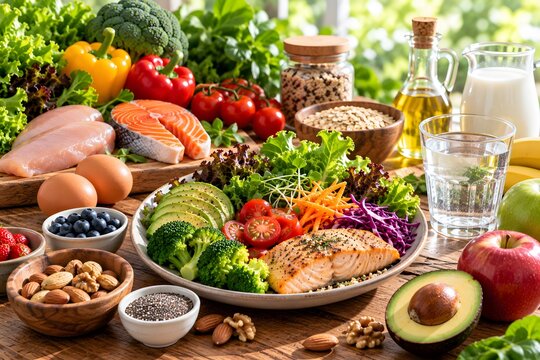 Healthy salmon bowl with fresh vegetables and avocado
