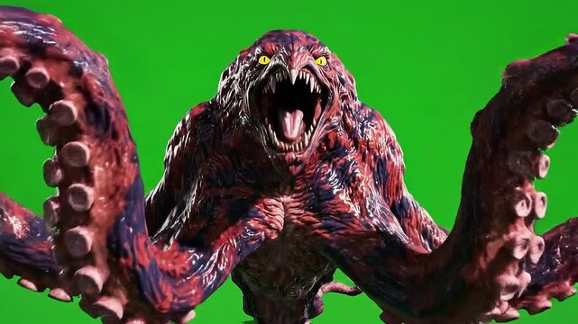 Terrifying Monster Creature Roaring with Tentacles on Green Screen