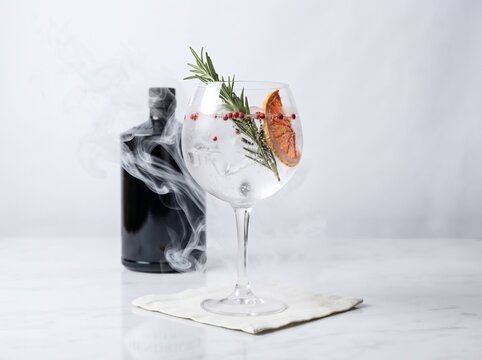 Gin and tonic cocktail with rosemary and dried orange in a glass with a dark bottle
