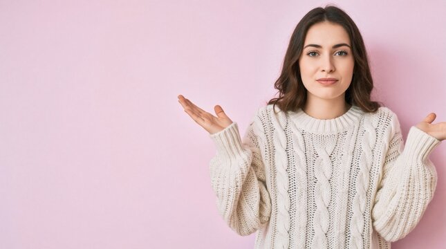 Confused young caucasian woman shrugging shoulders with palms up against pink background. Female person shows uncertainty, doubt clueless expression. Casual knitwear sweater worn by girl. Copy space