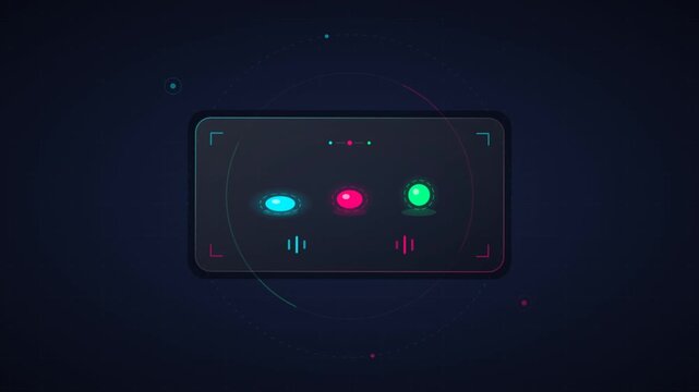 Futuristic HUD interface with glowing neon orbs morphing inside a digital screen