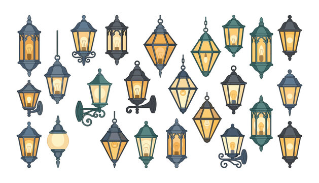Vintage street lamp and hanging lantern vector illustration set featuring classic wrought iron outdoor lighting fixtures