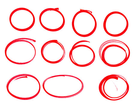Red circles drawn with felt tip marker pen showing hand drawn highlight shapes for graphic design projects&nbsp;&nbsp;