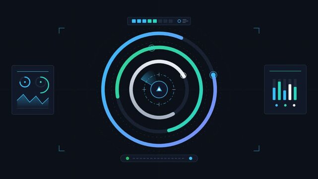 Futuristic hud interface with rotating concentric circles and data charts