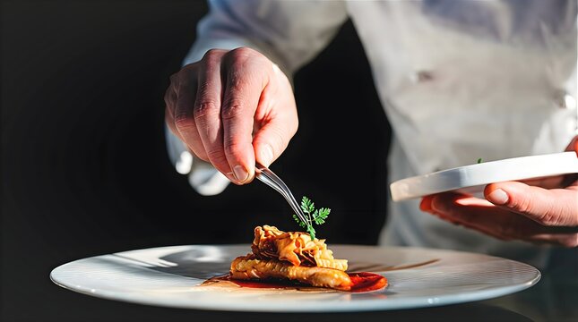 Close up of chef hand using metal tweezers to place green herb garnish on gourmet dish fine dining food styling precision presentation high end culinary art concept image.