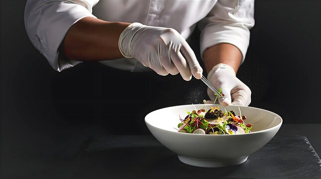 Chef wearing gloves carefully plating luxury gourmet salad dish with tweezers fine dining culinary food styling art precise presentation high end restaurant concept image.
