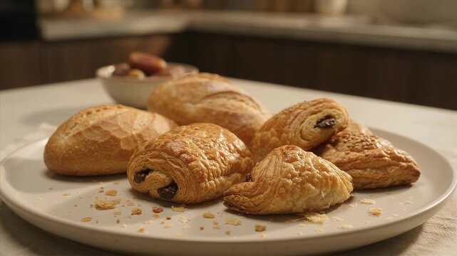 Assorted bread and pastries arranged on a plate