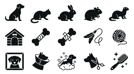Obraz premium Minimalist black pet care and animal silhouette icon set.
