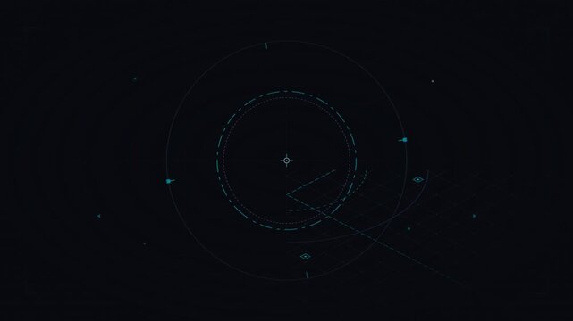 Digital HUD Circular Interface with Isometric Grid and Data Motion