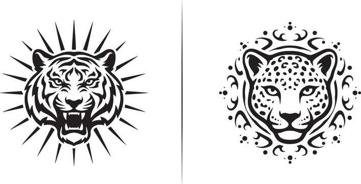 Detailed black and white of a roaring tiger head with sunburst rays and a leopard head with ornate circular dots, isolated