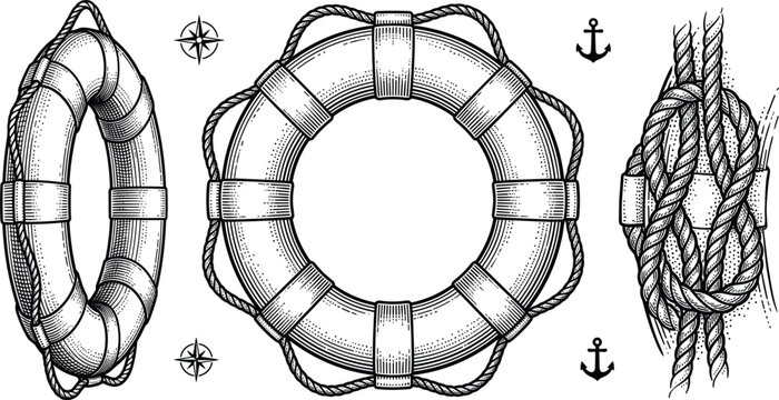 Vintage engraved lifebuoy vector illustration set with nautical ropes anchor icons and maritime compass stars