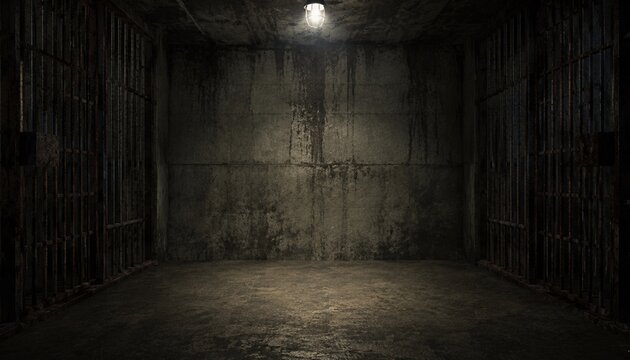 Dark prison cell with rusty bars and dim overhead light