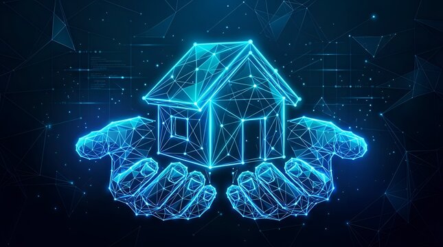 Glowing blue digital smart home technology concept with holographic hands holding a wireframe house icon in a futuristic network space