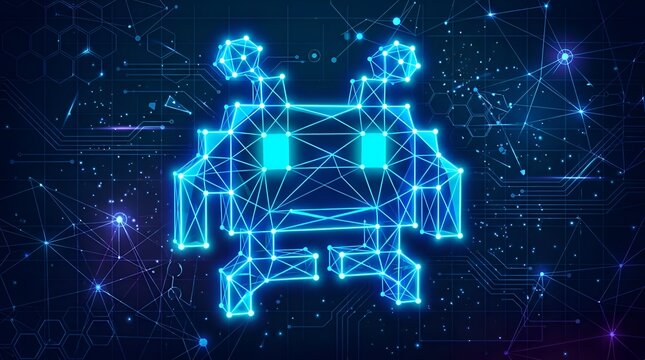 Futuristic neon blue digital alien icon glowing in cyberspace with network connections