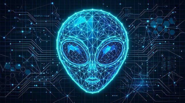 Futuristic digital alien head made of blue plexus glowing wireframe connection network on high tech circuit background