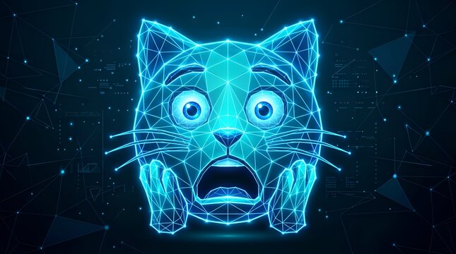 Abstract digital illustration of a terrified cat emoji rendered in a glowing blue wireframe style against a dark, futuristic technological background, symbolizing cyber anxiety or system surprise