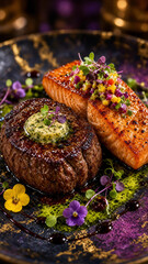 Gourmet surf and turf dish with grilled beef tenderloin steak and seared salmon fillet © PMBYTK