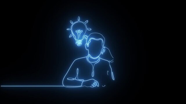 Neon blue continuous line art animation of man thinking with idea