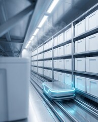 Obraz premium Automated cold chain high bay warehouse with robotic shuttle carts and icy mist for pharmaceutical supply chain brochure