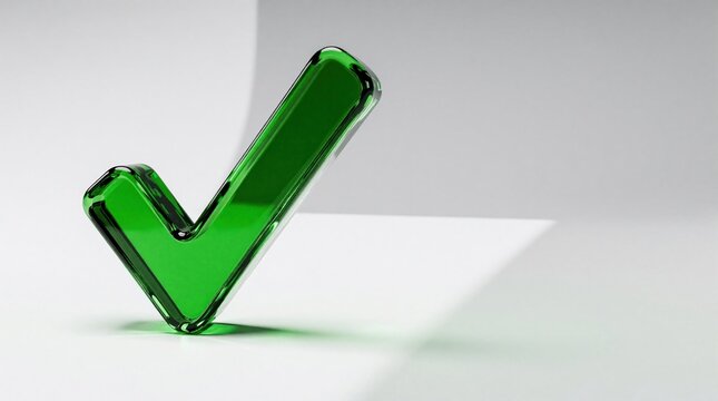 Green glass check mark on white background. Shiny 3d tick icon success, approval, correct choice. High quality symbol for completed task, verified status approved workflow. Perfect element for
