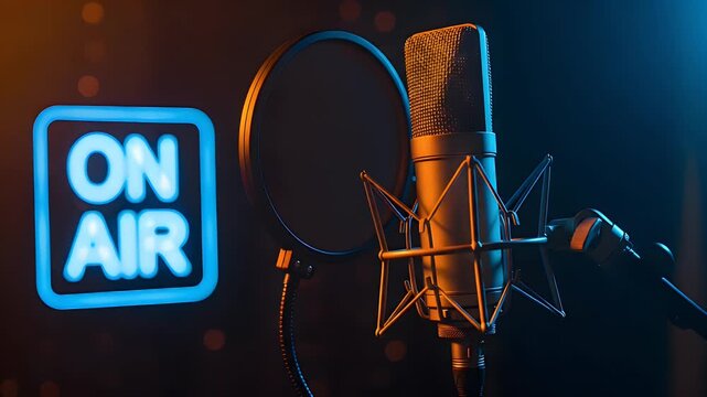 Professional condenser microphone with pop filter and glowing On Air sign in a dark radio broadcast studio.