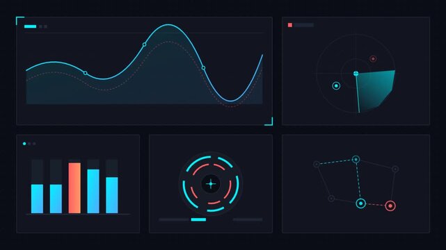 Dynamic 2d vector user interface dashboard with tactical hud elements and morphing charts