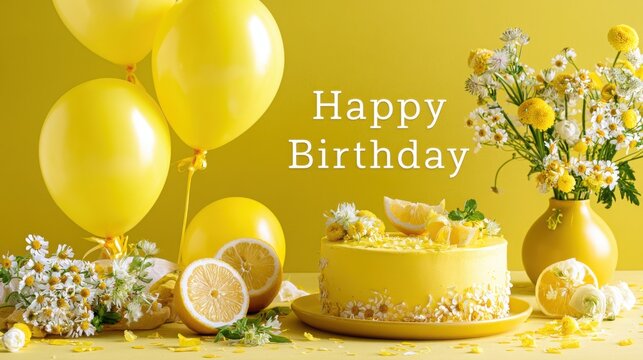 Lemon cake decorated with chamomile flowers is displayed alongside yellow balloons and a vase of daisies.