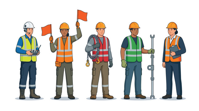 Diverse Construction and Industrial Workers Set - Professionals in Safety Vests and Hard Hats Including Supervisor, Rigger, and Signalman Vector Illustration