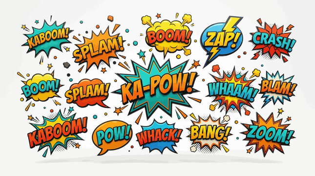 Comic book sound effect bubbles with action explosion elements.