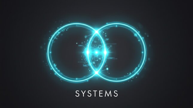 Interconnected Digital Systems Abstract Concept Featuring Glowing Blue Rings Representing Synergy and Data Integration