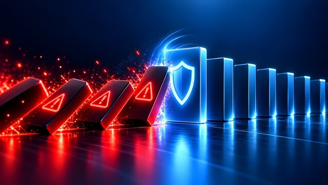 Cyber risk management concept showing a glowing digital shield stopping falling red warning dominoes
