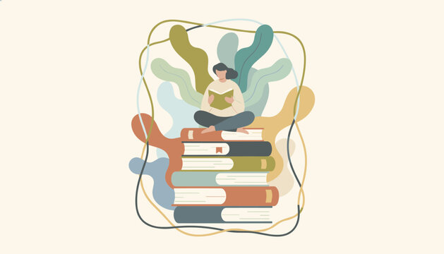 Young woman reading an open book while sitting cross-legged on a big stack of colorful books with abstract wavy shapes.