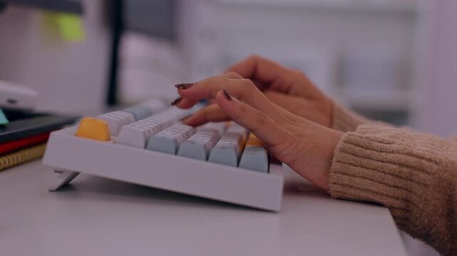Mechanical Keyboard Typing Hands, Fingers Pressing Keys Desk Modern Office Workspace, Focused Productive Computer Work Scene with Warm Soft Light