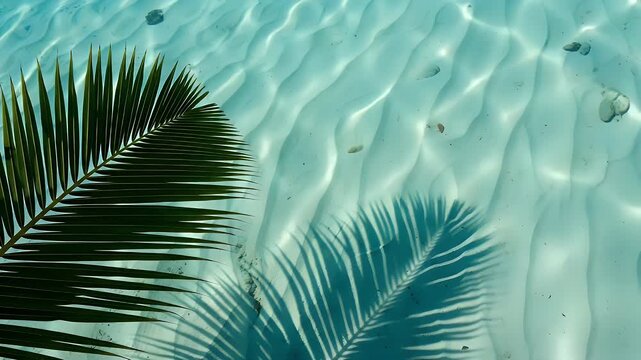 A vibrant palm leaf casts a striking shadow over crystal-clear turquoise ocean water, revealing rippled sandy depths and scattered small shells under bright sunlight.