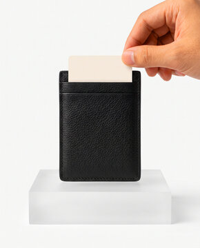 Hand Inserting Blank Card into Black Leather Card Holder on Podium
