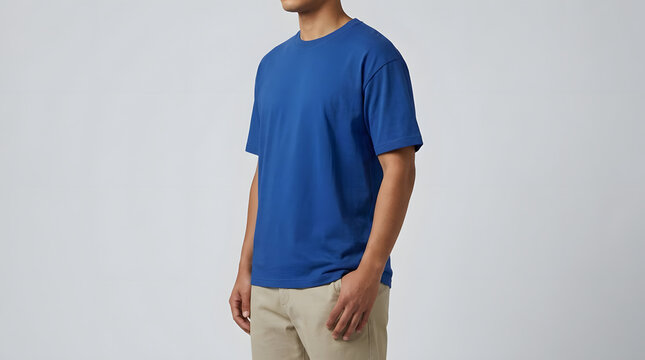 Man wearing bright blue basic cotton t-shirt.