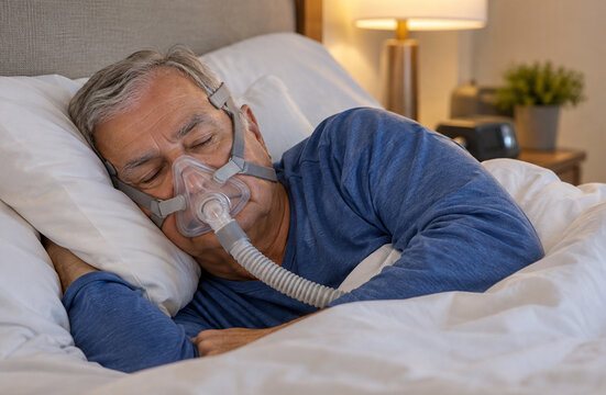 Senior man sleeping comfortably on his side in bed at night while wearing a full face CPAP mask for sleep apnea therapy stock photo   