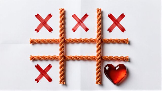Heart-shaped gem in rope tic-tac-toe, red X's and a single mark.