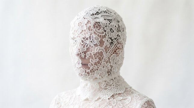 An executioner hood made of delicate white crochet lace representing the beautiful terrifying contrast of historical cultural judgments.