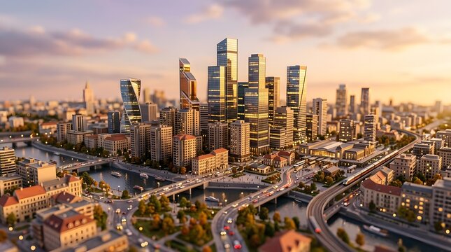 Miniature Urban Cityscape at Sunset: Tilt-Shift Panorama of Modern Skyscrapers, Busy Infrastructure, and Toy-like Business District