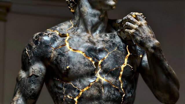 Cracked golden statue, ancient warrior's form with radiant fissures against dark background.