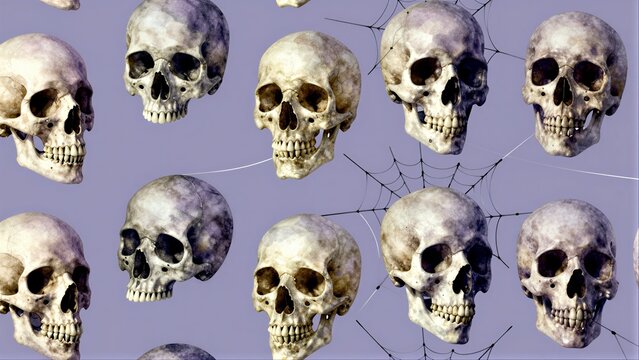 Skulls entangled in webs on a purple background, eerie and repeating pattern.