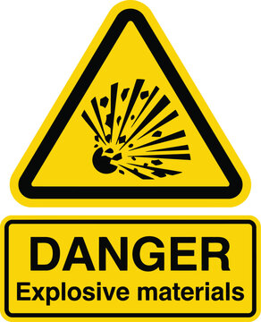 Yellow triangle danger sign with an explosive materials warning symbol