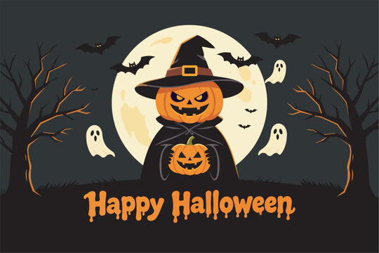 Happy Halloween character with pumpkin head, witch hat, full moon, ghosts, and bats in flat 2D style. Vector illustration for banner.